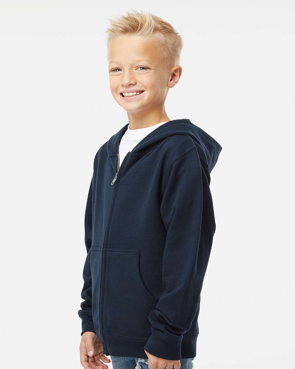 Youth Midweight Full-Zip Hooded Sweatshirt - OnModelSide - B32376653 - Navy
