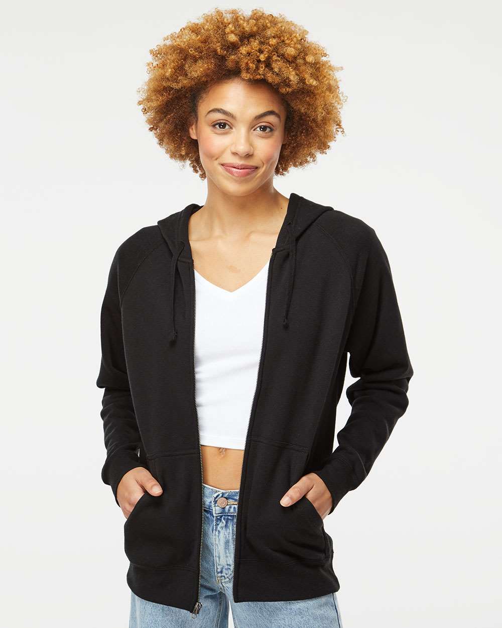 Unisex Special Blend Raglan Full-Zip Hooded Sweatshirt - OnModelFront - B81476502 - Black