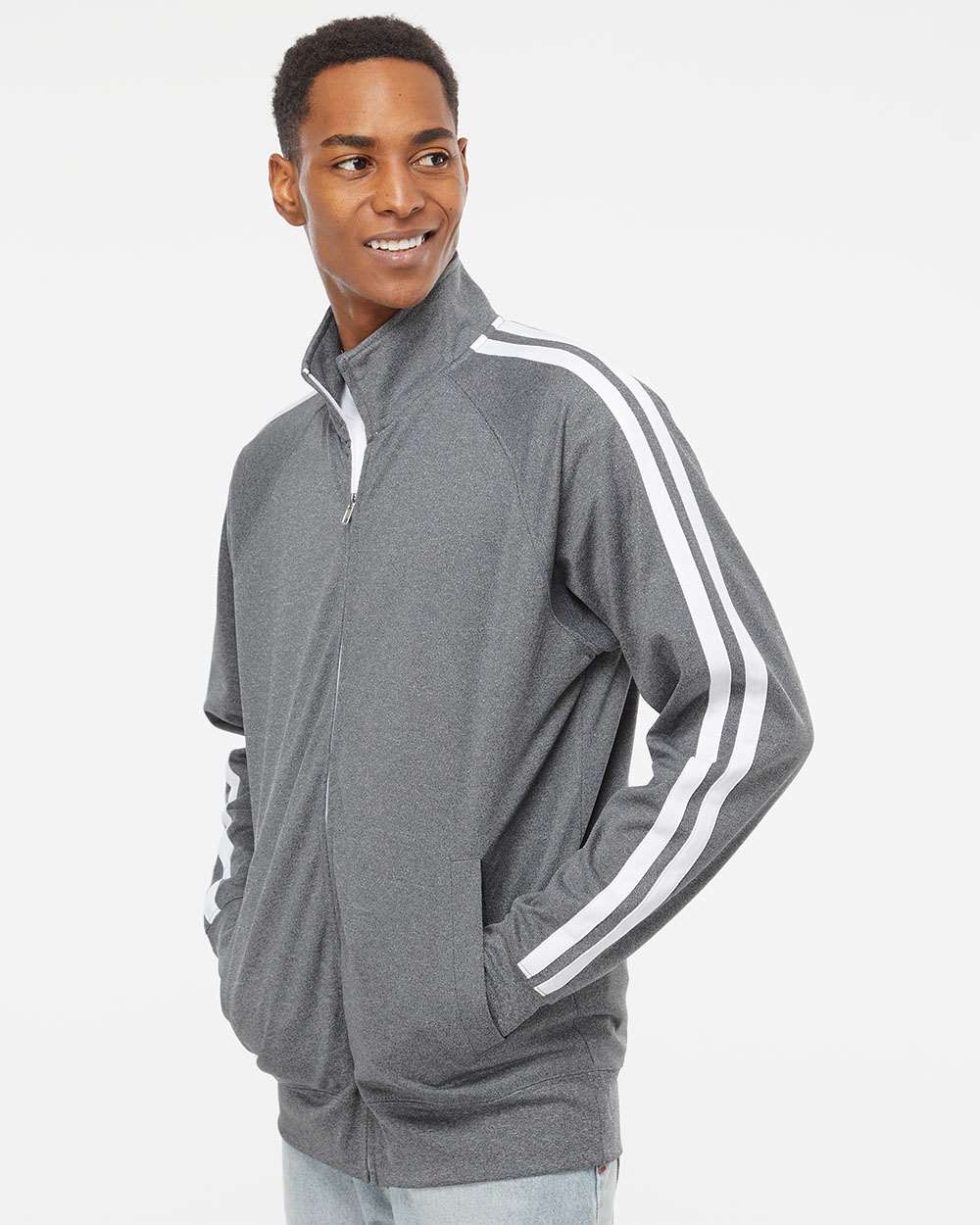 Men's Lightweight Poly-Tech Full-Zip Track Jacket - OnModelSide - B23476352 - Gunmetal Heather