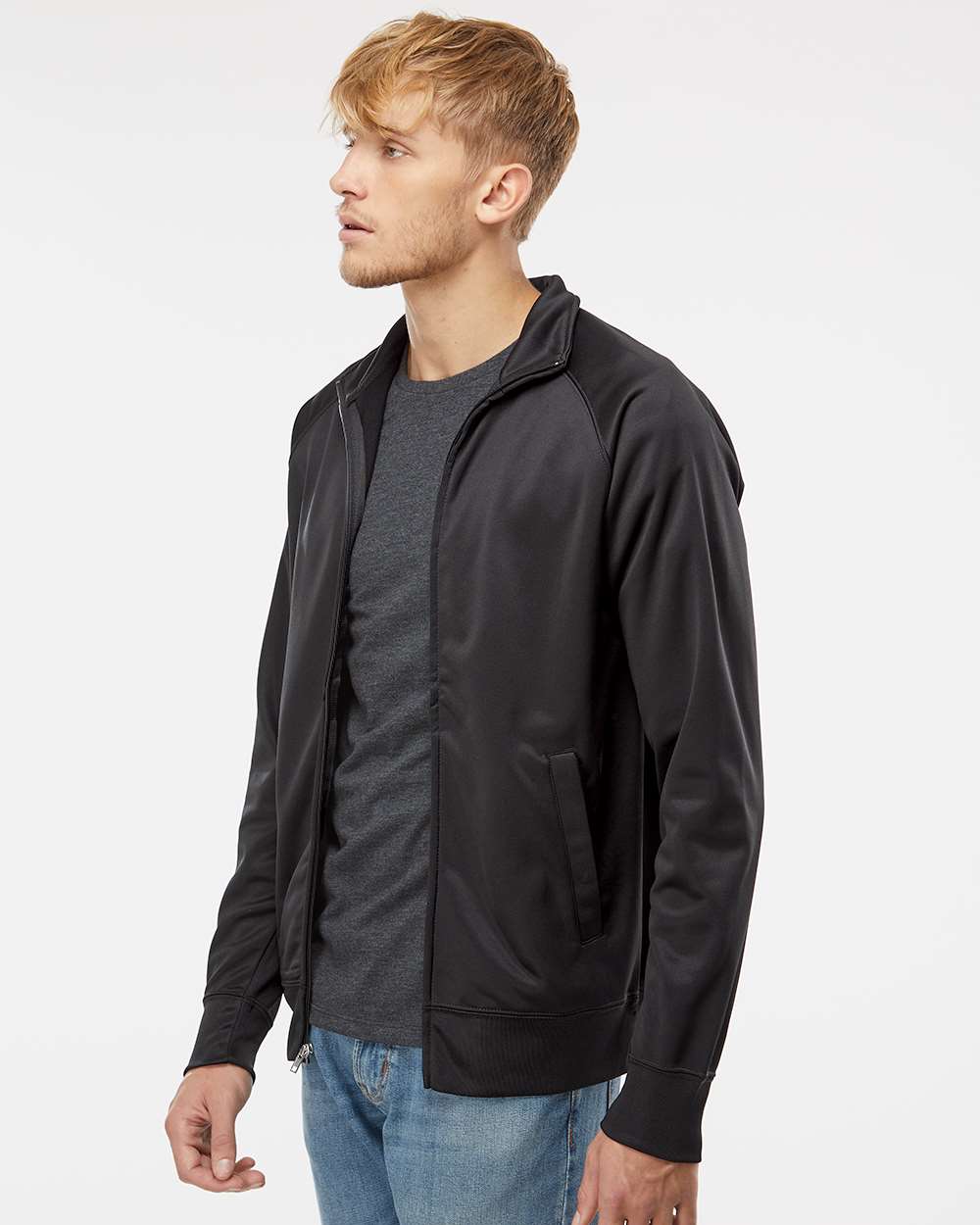 Men's Lightweight Poly-Tech Full-Zip Track Jacket - OnModelSide - B23476512 - Black/ Black