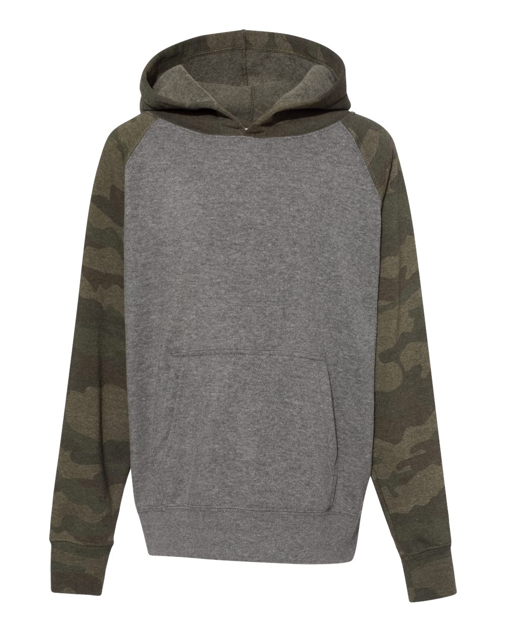 Youth Lightweight Special Blend Raglan Hooded Sweatshirt - Front - B80076982 - Nickel Heather/ Forest Camo
