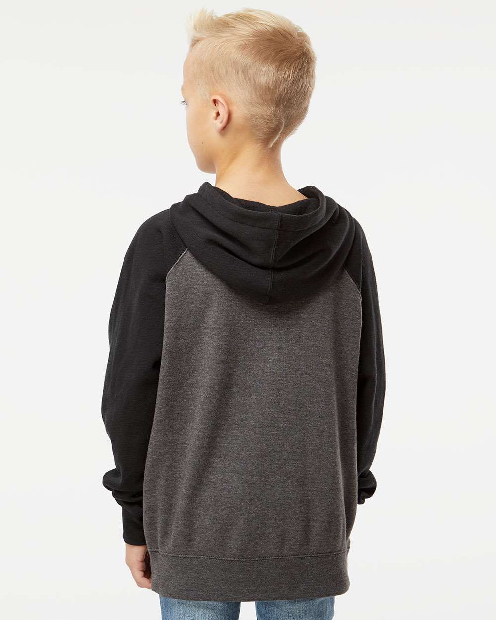 Youth Lightweight Special Blend Raglan Hooded Sweatshirt - OnModelBack - B80076092 - Carbon/ Black