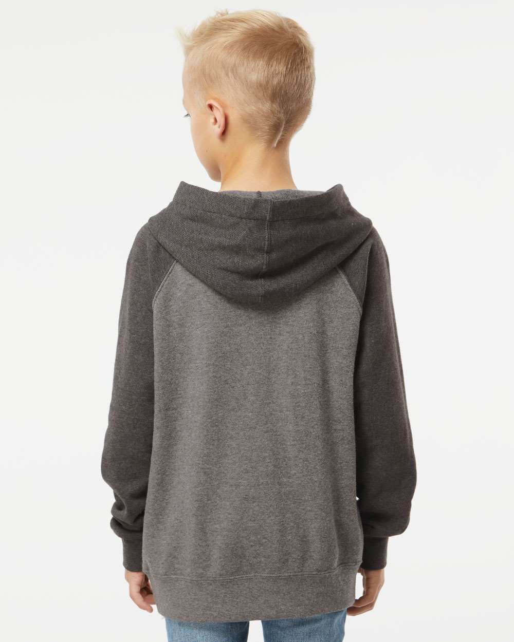 Youth Lightweight Special Blend Raglan Hooded Sweatshirt - OnModelBack - B80076362 - Nickel/ Carbon