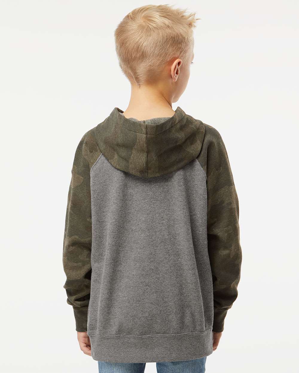 Youth Lightweight Special Blend Raglan Hooded Sweatshirt - OnModelBack - B80076982 - Nickel Heather/ Forest Camo