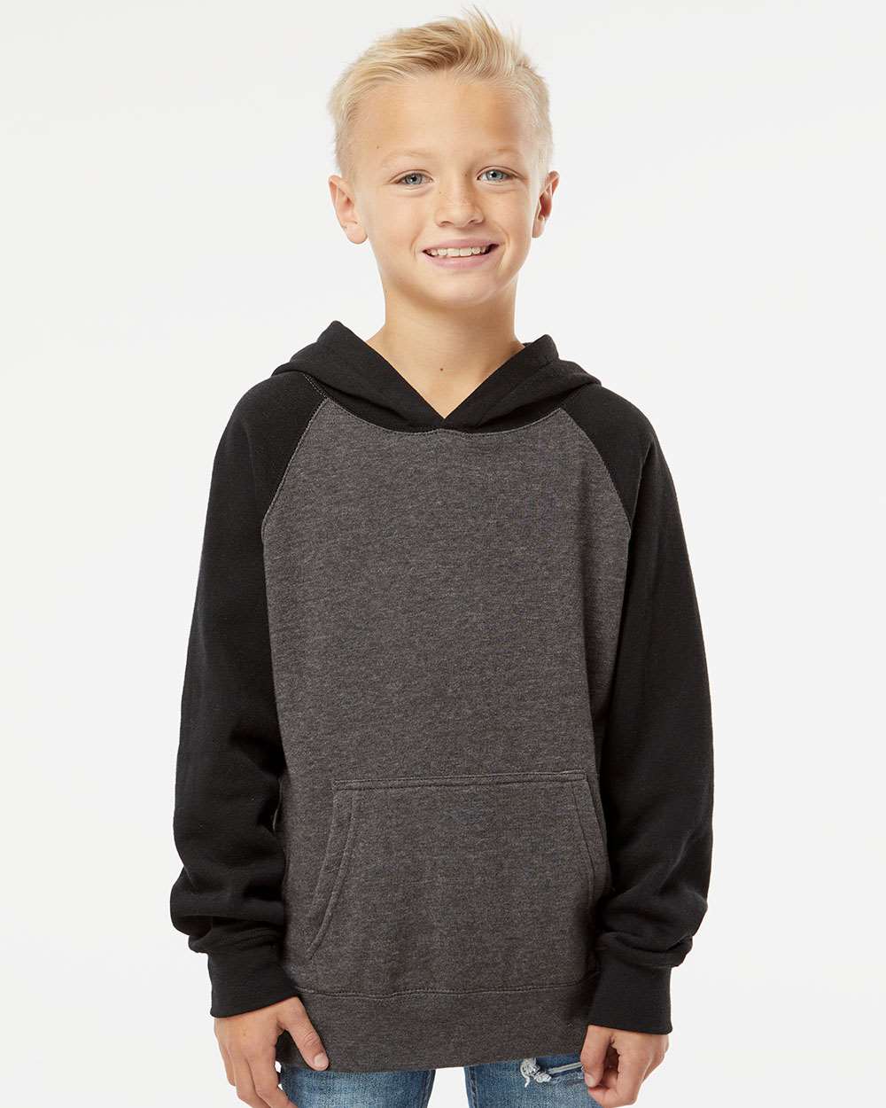 Youth Lightweight Special Blend Raglan Hooded Sweatshirt - OnModelFront - B80076092 - Carbon/ Black