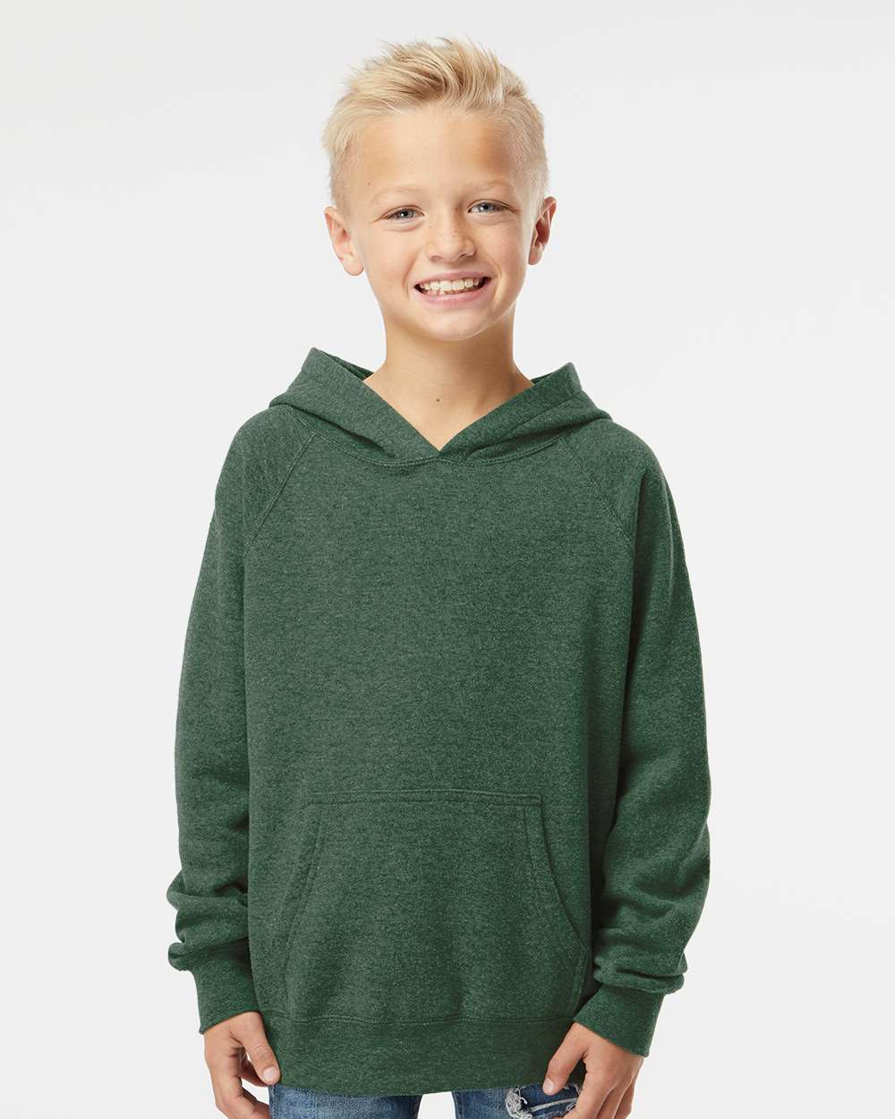 Youth Lightweight Special Blend Raglan Hooded Sweatshirt - OnModelFront - B80076172 - Moss