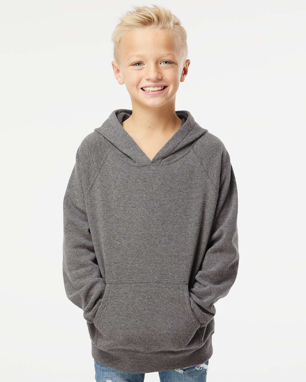 Youth Lightweight Special Blend Raglan Hooded Sweatshirt - OnModelFront - B80076352 - Nickel