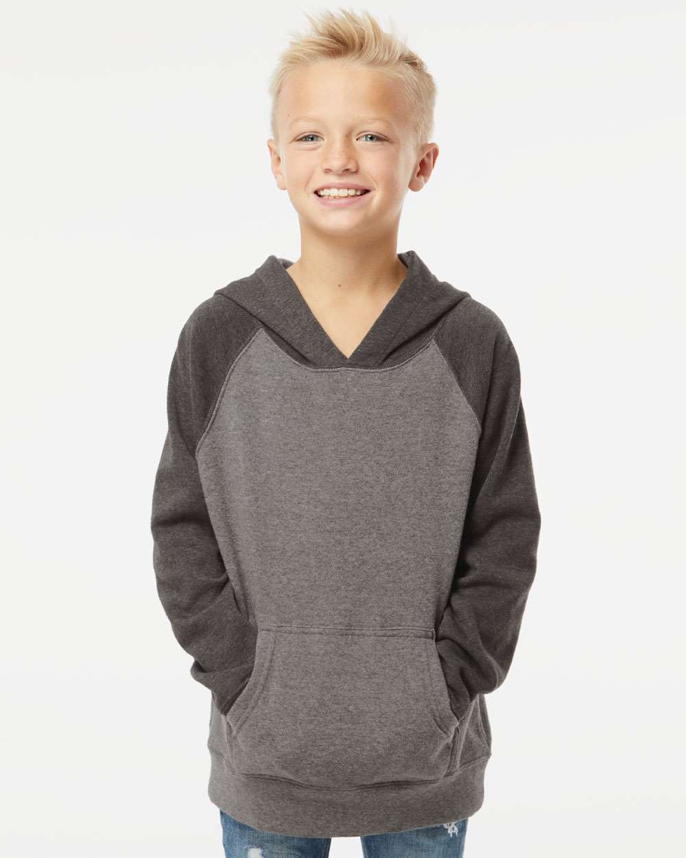 Youth Lightweight Special Blend Raglan Hooded Sweatshirt - OnModelFront - B80076362 - Nickel/ Carbon