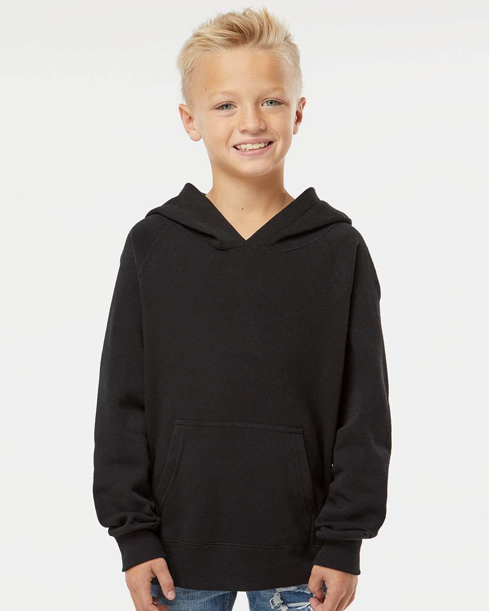 Youth Lightweight Special Blend Raglan Hooded Sweatshirt - OnModelFront - B80076502 - Black