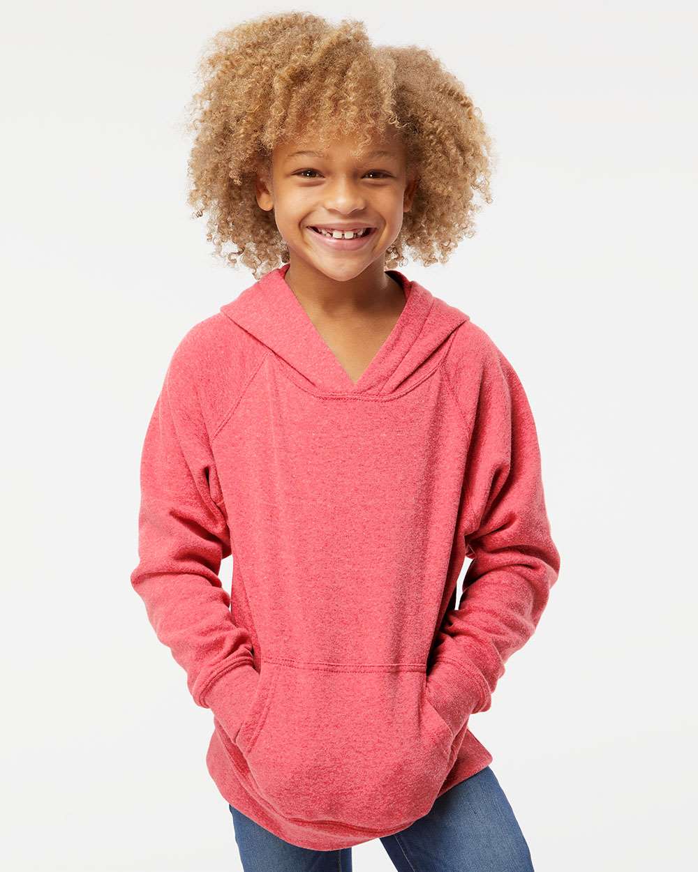 Youth Lightweight Special Blend Raglan Hooded Sweatshirt - OnModelFront - B80076712 - Pomegranate