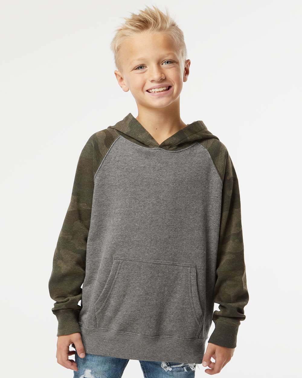 Youth Lightweight Special Blend Raglan Hooded Sweatshirt - OnModelFront - B80076982 - Nickel Heather/ Forest Camo
