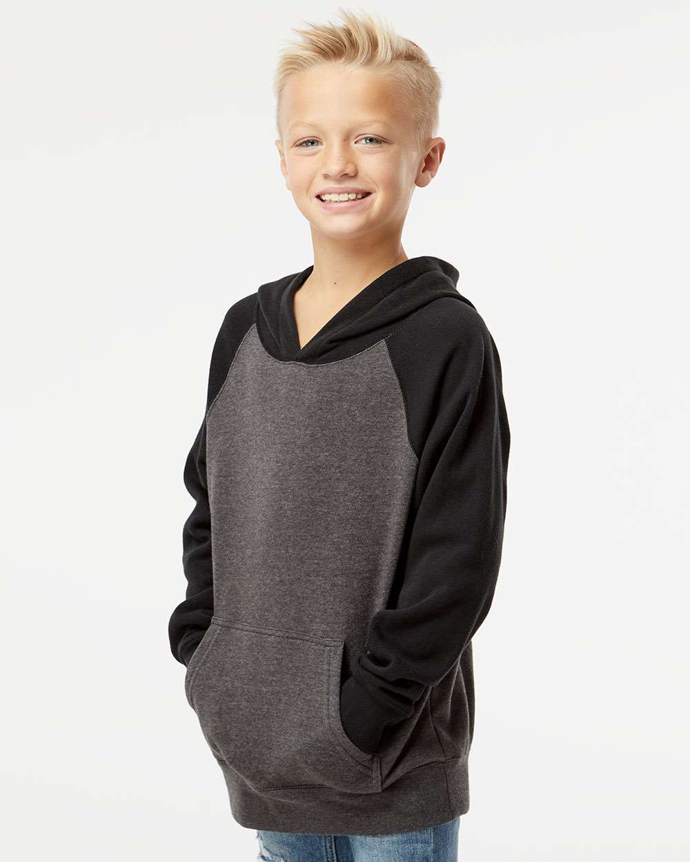 Youth Lightweight Special Blend Raglan Hooded Sweatshirt - OnModelSide - B80076092 - Carbon/ Black