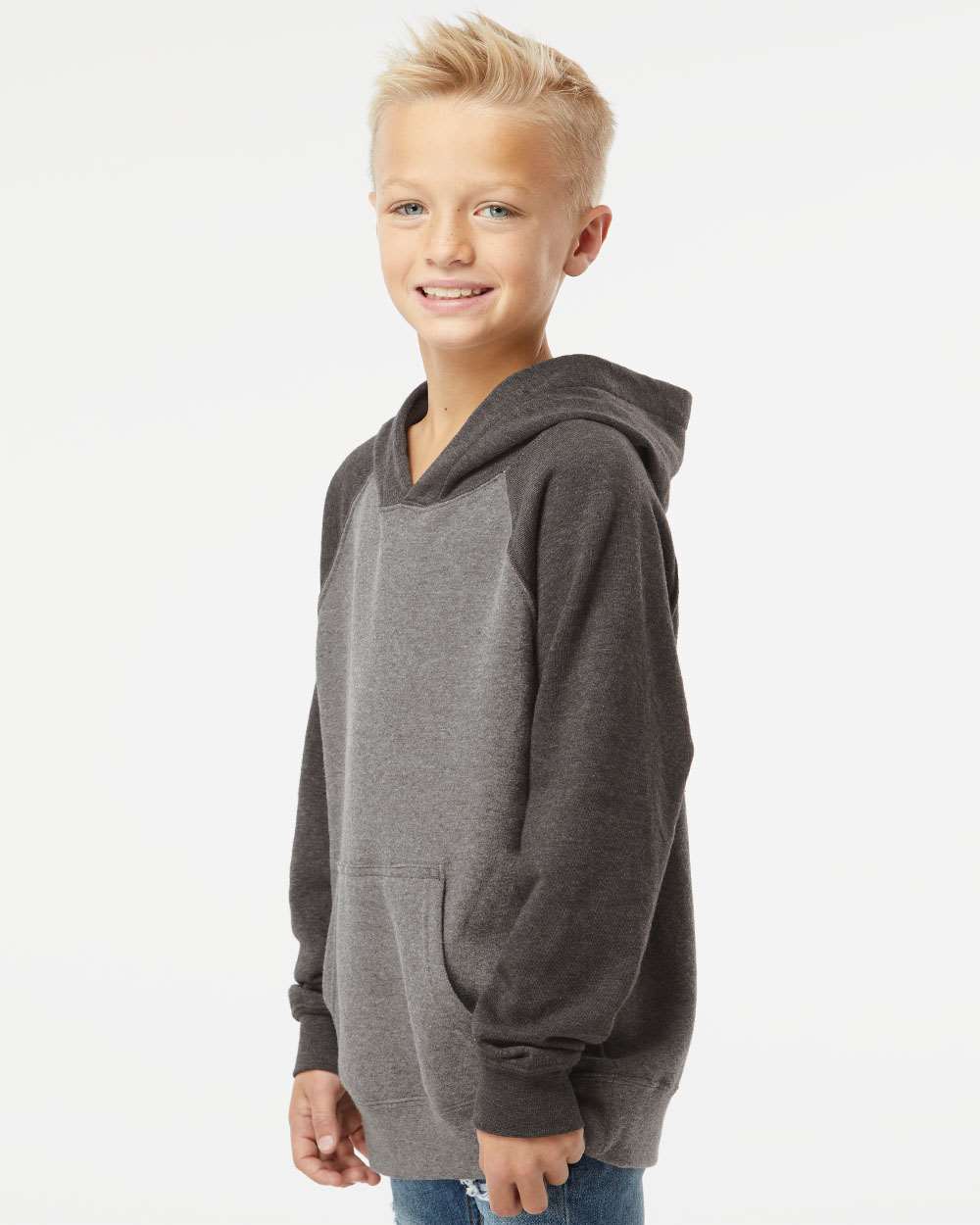 Youth Lightweight Special Blend Raglan Hooded Sweatshirt - OnModelSide - B80076362 - Nickel/ Carbon