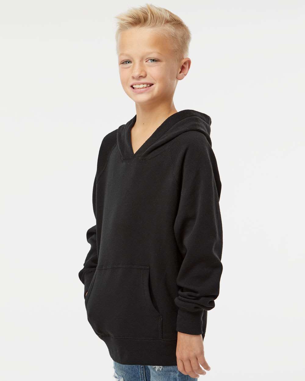 Youth Lightweight Special Blend Raglan Hooded Sweatshirt - OnModelSide - B80076502 - Black