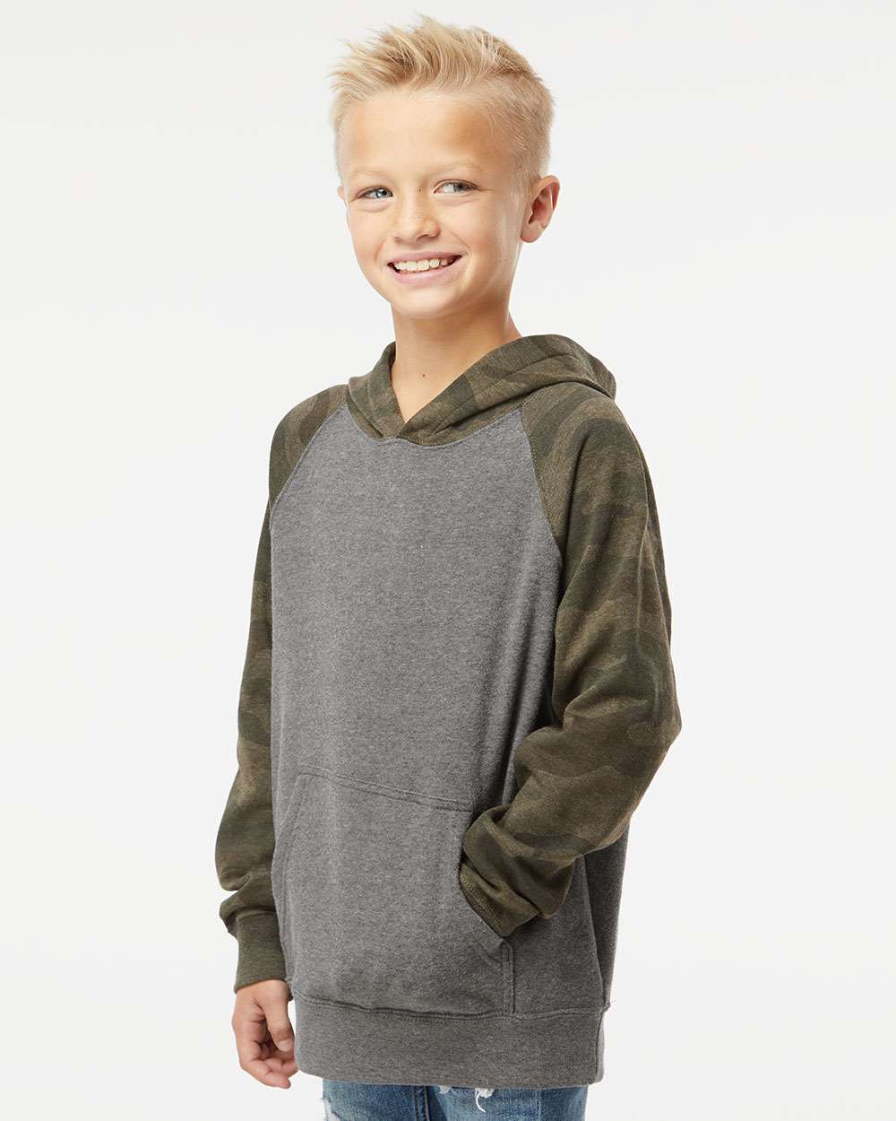 Youth Lightweight Special Blend Raglan Hooded Sweatshirt - OnModelSide - B80076982 - Nickel Heather/ Forest Camo
