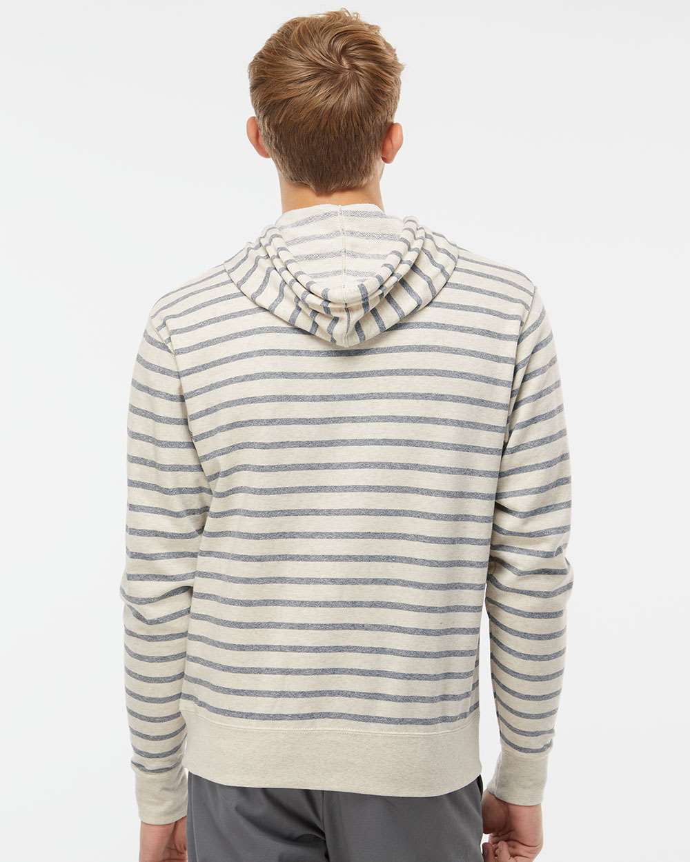 Unisex Midweight French Terry Hooded Sweatshirt - OnModelBack - B81576232 - Oatmeal Heather/ Salt & Pepper Stripe