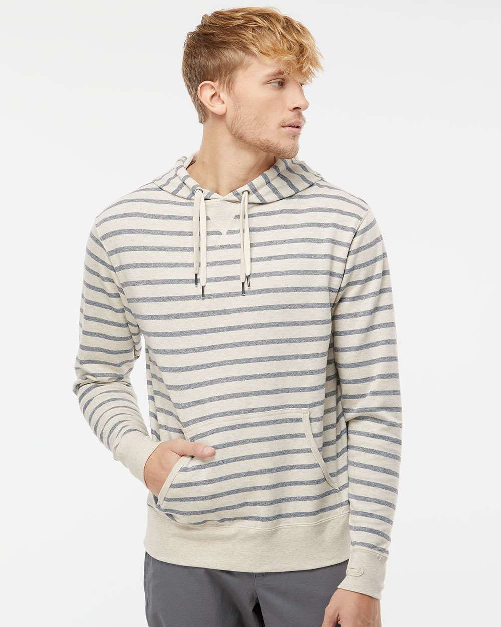Unisex Midweight French Terry Hooded Sweatshirt - OnModelFront - B81576232 - Oatmeal Heather/ Salt & Pepper Stripe