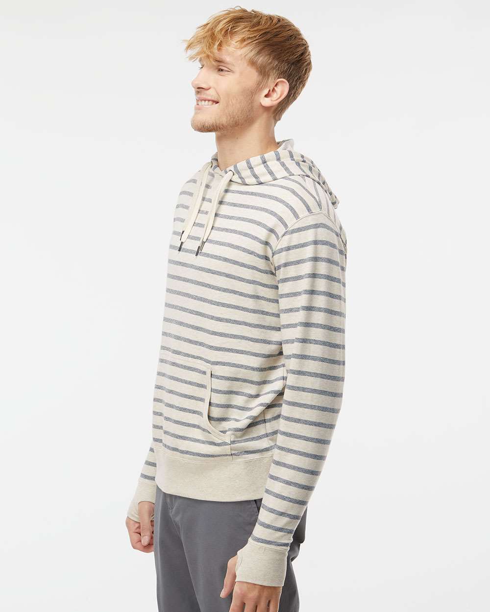 Unisex Midweight French Terry Hooded Sweatshirt - OnModelSide - B81576232 - Oatmeal Heather/ Salt & Pepper Stripe