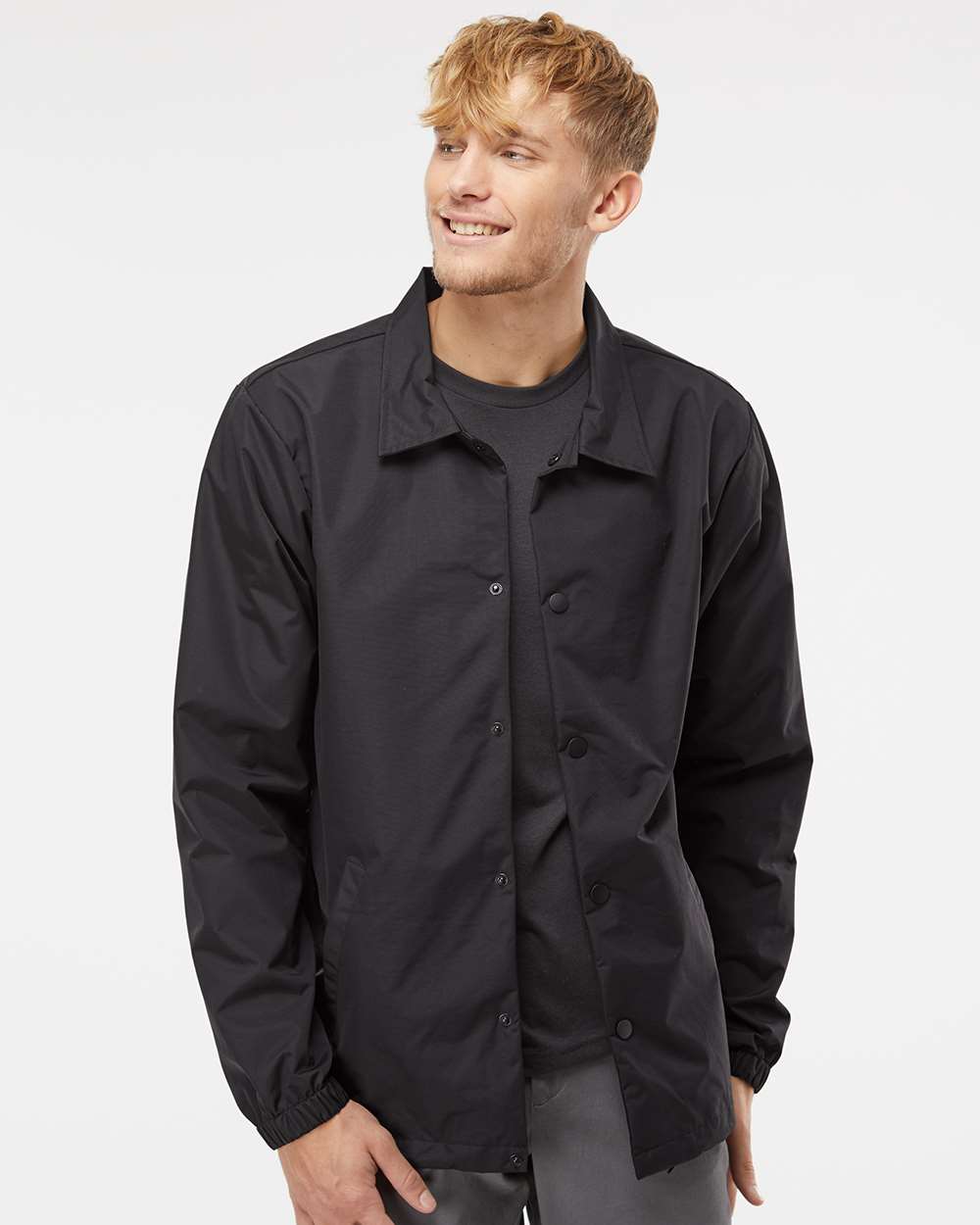 Men's Water-Resistant Windbreaker Coach’s Jacket - OnModelFront - B20876512 - Black/ Black
