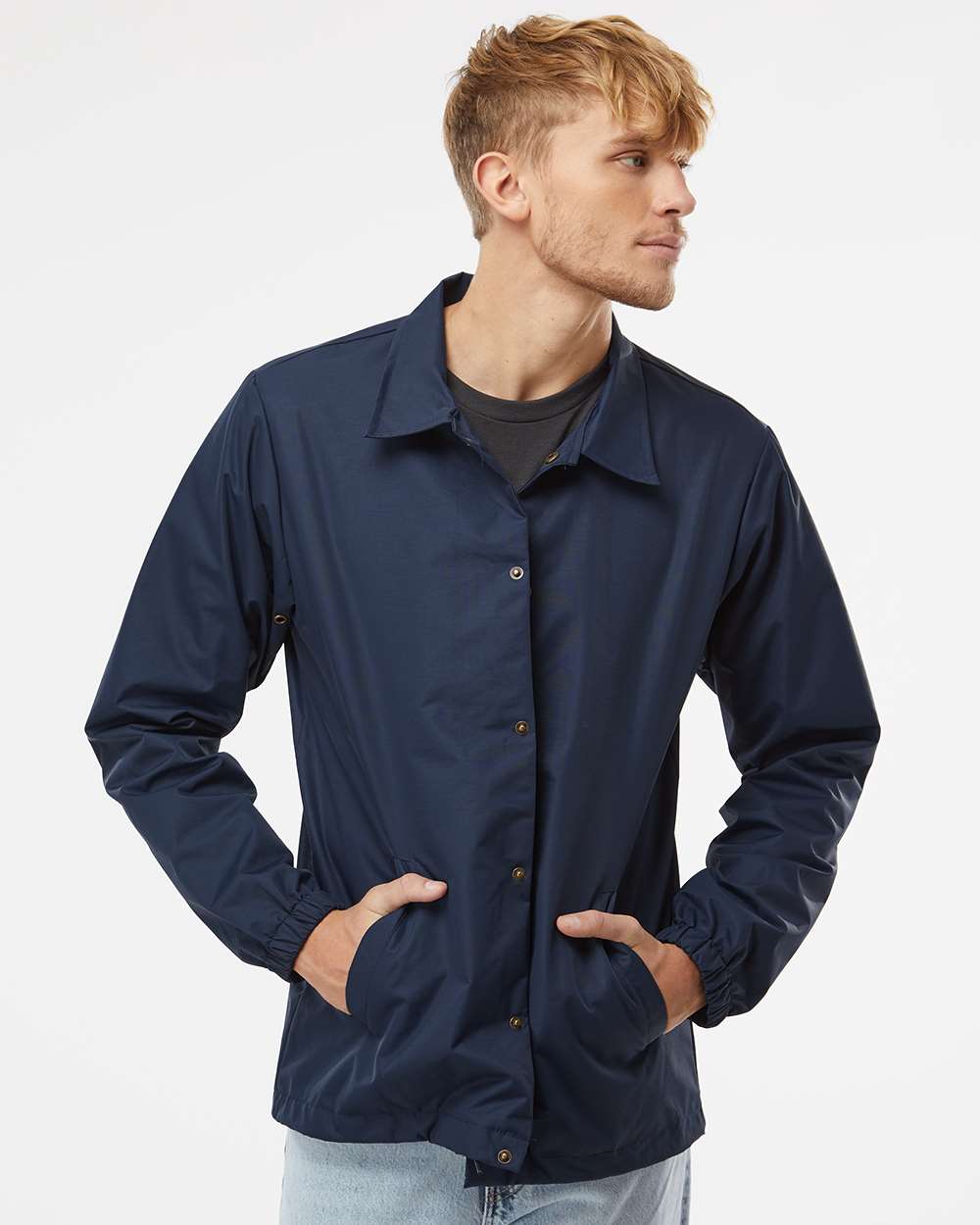 Men's Water-Resistant Windbreaker Coach’s Jacket - OnModelFront - B20876652 - Classic Navy