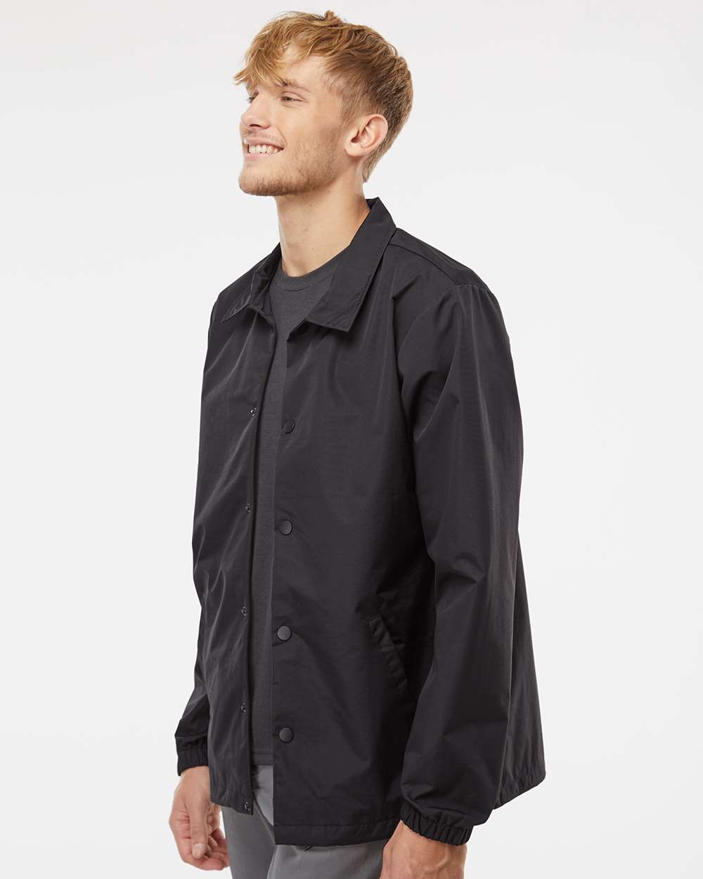 Men's Water-Resistant Windbreaker Coach’s Jacket - OnModelSide - B20876512 - Black/ Black