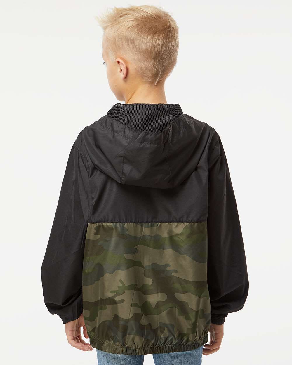 Youth Lightweight Windbreaker Full-Zip Jacket - OnModelBack - B36876612 - Black/ Forest Camo