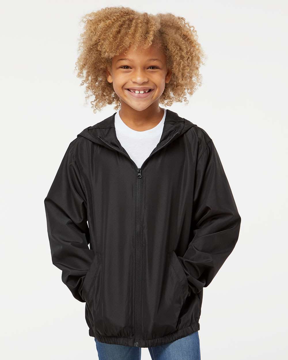 Youth Lightweight Windbreaker Full-Zip Jacket - OnModelFront - B36876502 - Black
