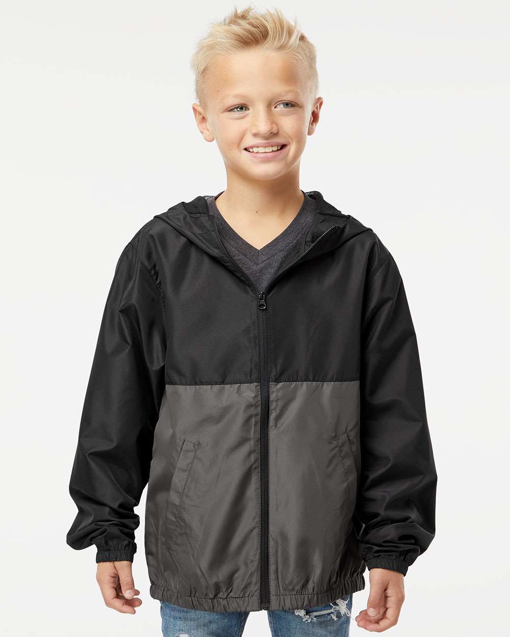 Youth Lightweight Windbreaker Full-Zip Jacket - OnModelFront - B36876512 - Black/ Graphite