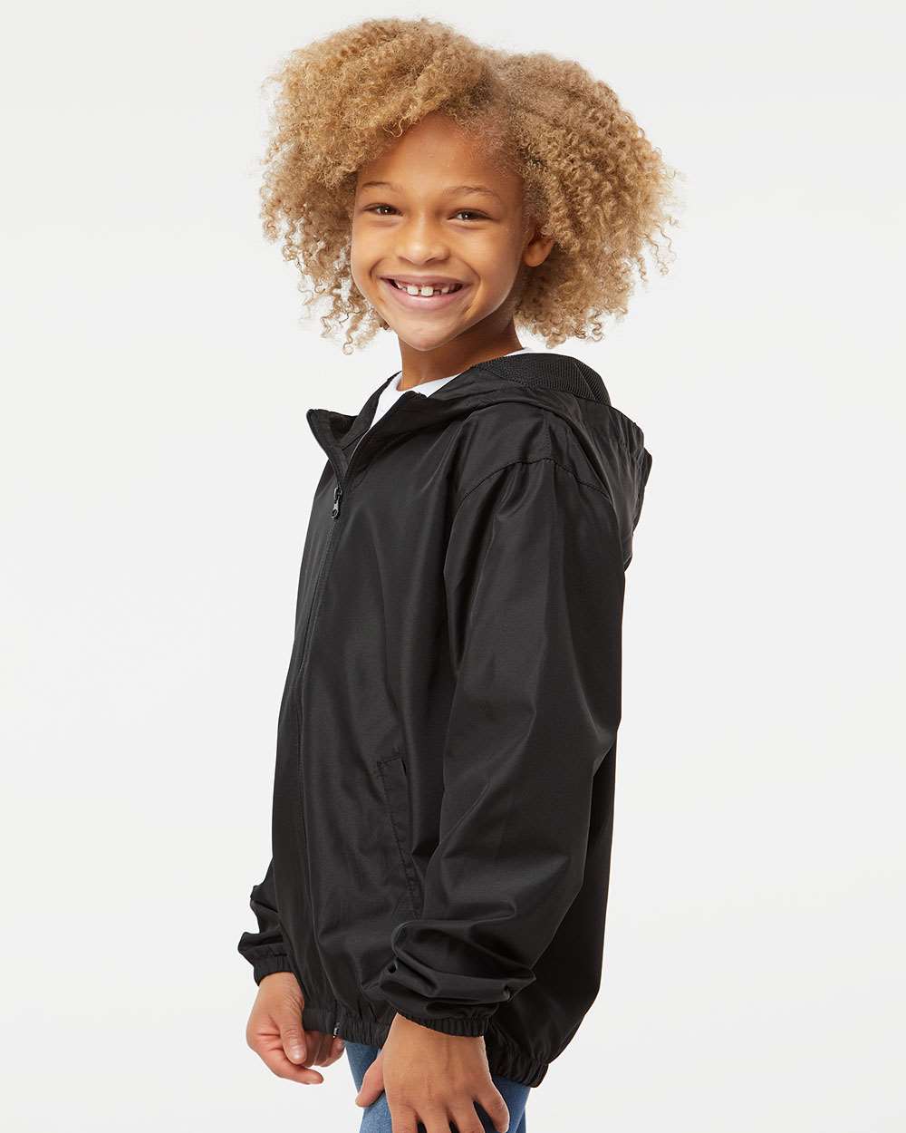 Youth Lightweight Windbreaker Full-Zip Jacket - OnModelSide - B36876502 - Black