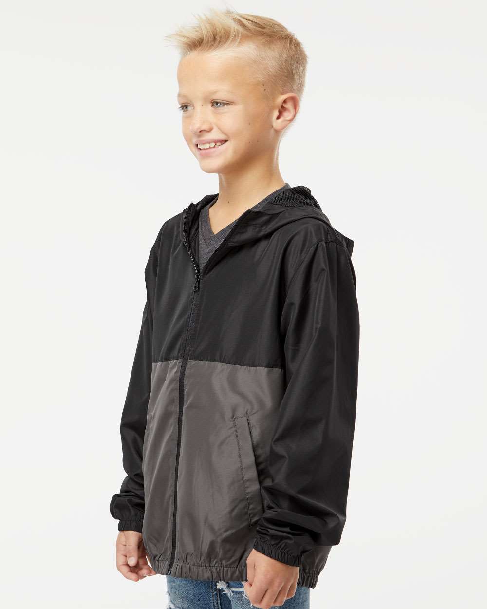 Youth Lightweight Windbreaker Full-Zip Jacket - OnModelSide - B36876512 - Black/ Graphite