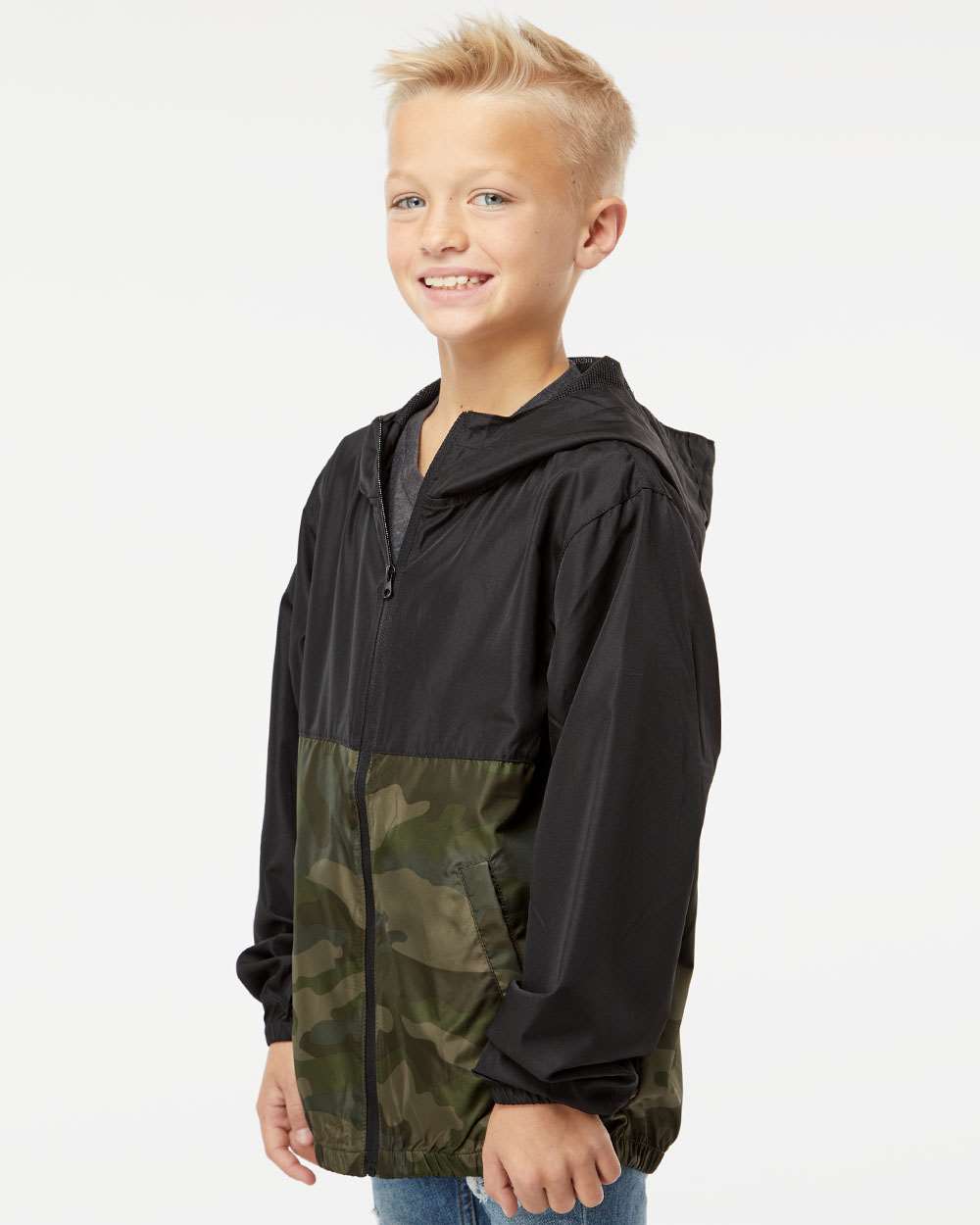 Youth Lightweight Windbreaker Full-Zip Jacket - OnModelSide - B36876612 - Black/ Forest Camo