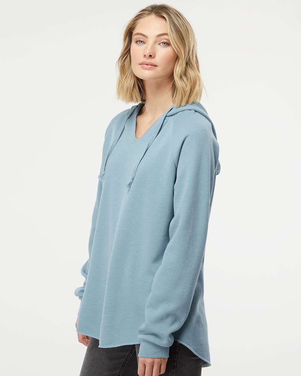Women’s Lightweight California Wave Wash Hooded Sweatshirt - OnModelSide - B26776252 - Misty Blue