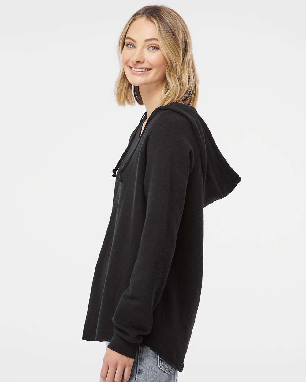 Women’s Lightweight California Wave Wash Hooded Sweatshirt - OnModelSide - B26776502 - Black
