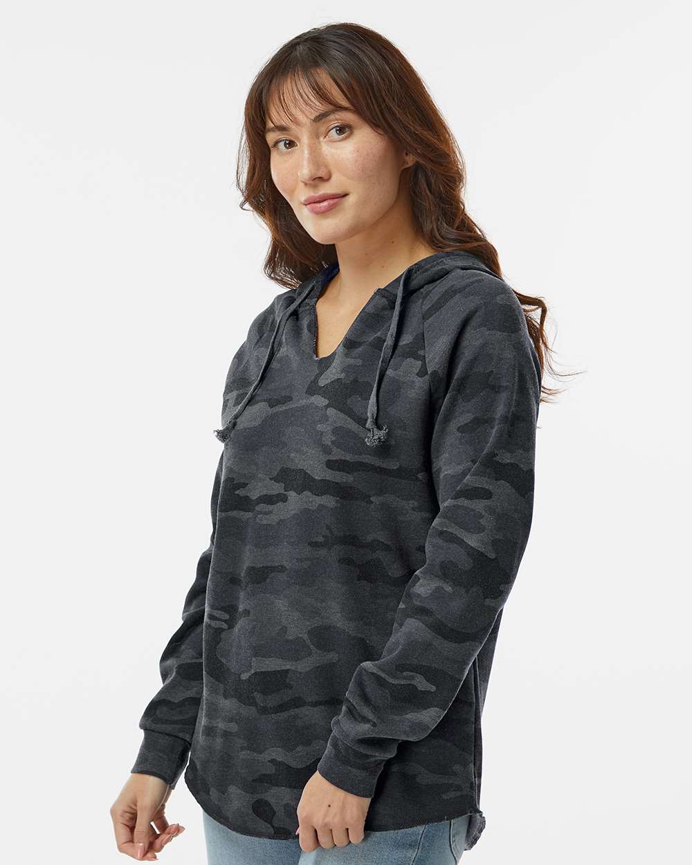 Women’s Lightweight California Wave Wash Hooded Sweatshirt - OnModelSide - B26776972 - Black Camo Heather