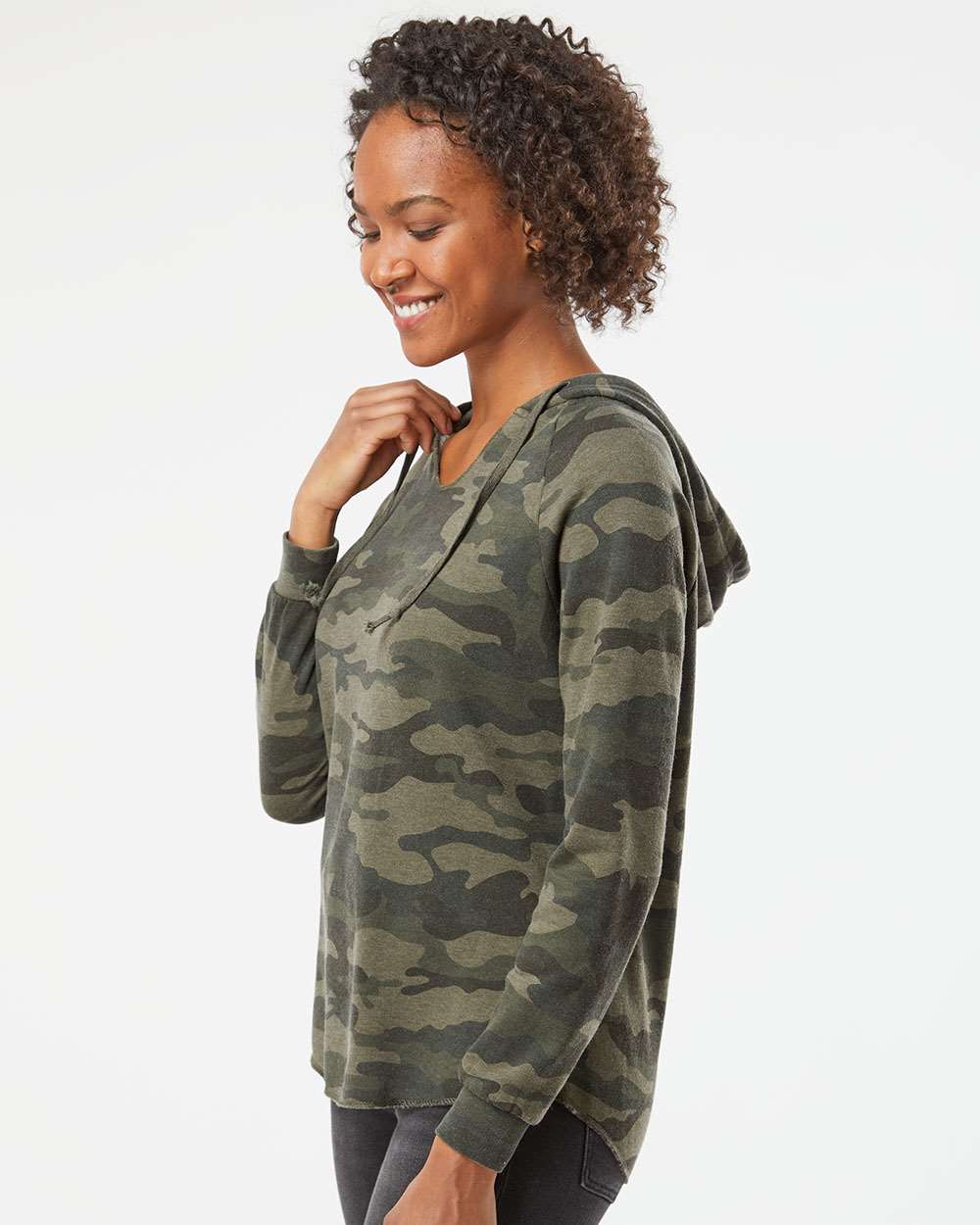 Women’s Lightweight California Wave Wash Hooded Sweatshirt - OnModelSide - B26776982 - Forest Camo Heather