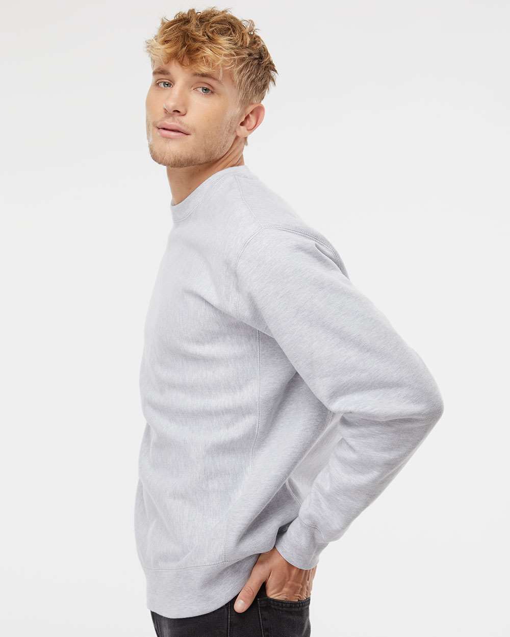 Unisex Legend Premium Heavyweight Cross-Grain Crewneck Sweatshirt - OnModelSide - B02776352 - Grey Heather