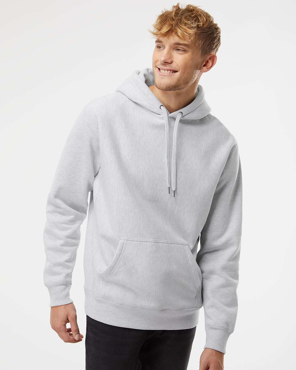 Unisex Legend Premium Heavyweight Cross-Grain Hooded Sweatshirt - OnModelFront - B02876352 - Grey Heather