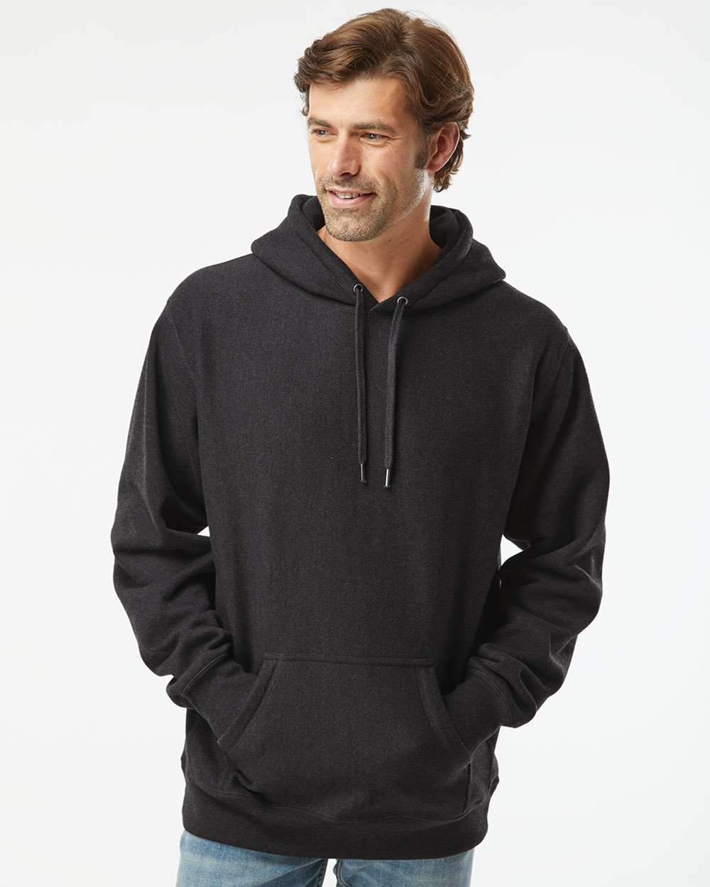 Unisex Legend Premium Heavyweight Cross-Grain Hooded Sweatshirt - OnModelFront - B02876592 - Charcoal Heather