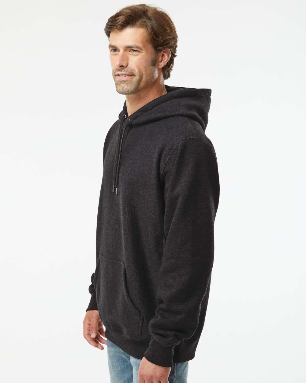 Unisex Legend Premium Heavyweight Cross-Grain Hooded Sweatshirt - OnModelSide - B02876592 - Charcoal Heather