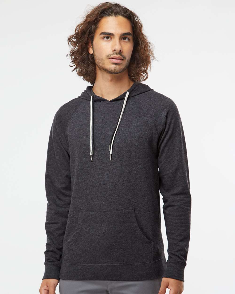Unisex Icon Lightweight Loopback Terry Hooded Sweatshirt - OnModelFront - B11376092 - Charcoal Heather