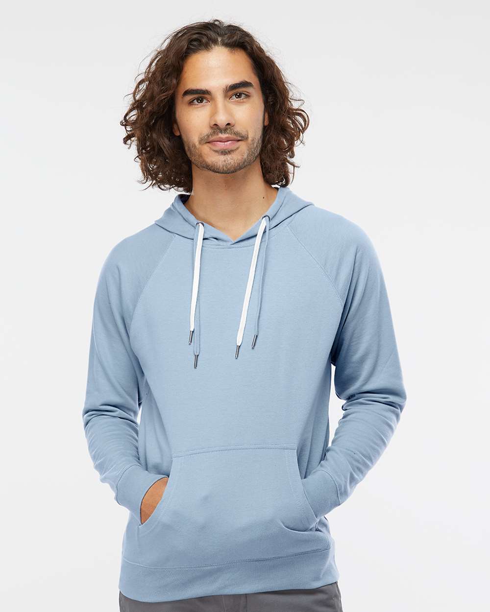 Unisex Icon Lightweight Loopback Terry Hooded Sweatshirt - OnModelFront - B11376252 - Misty Blue