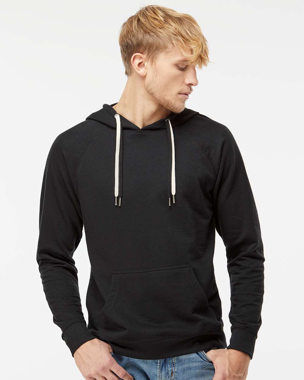 Unisex Icon Lightweight Loopback Terry Hooded Sweatshirt - OnModelFront - B11376502 - Black