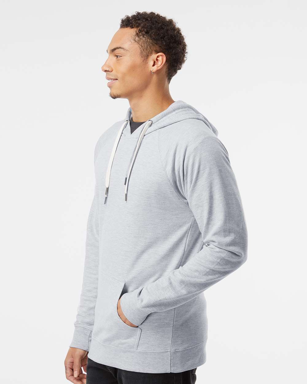 Unisex Icon Lightweight Loopback Terry Hooded Sweatshirt - OnModelSide - B11376022 - Athletic Heather