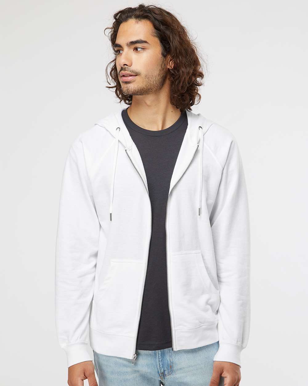 Unisex Icon Lightweight Loopback Terry Full-Zip Hooded Sweatshirt - OnModelFront - B11476002 - White