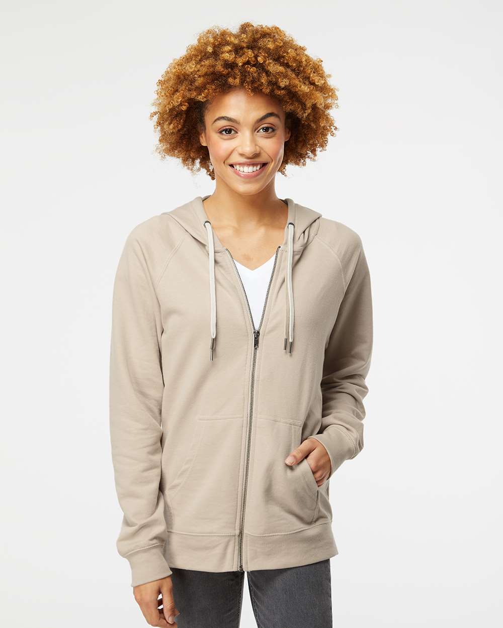 Unisex Icon Lightweight Loopback Terry Full-Zip Hooded Sweatshirt - OnModelFront - B11476112 - Sand