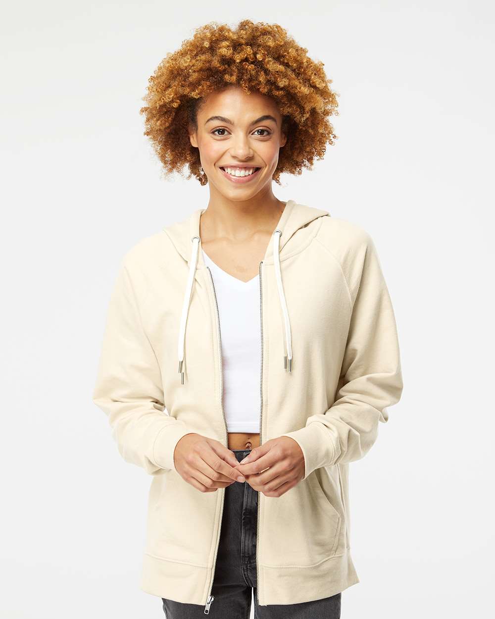 Unisex Icon Lightweight Loopback Terry Full-Zip Hooded Sweatshirt - OnModelFront - B11476242 - Bone