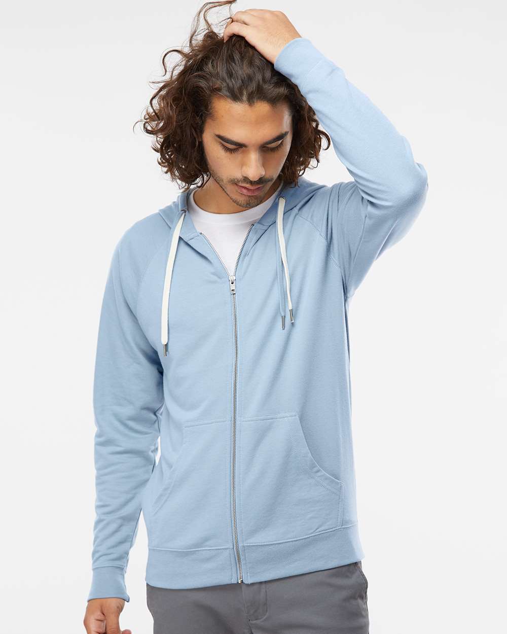 Unisex Icon Lightweight Loopback Terry Full-Zip Hooded Sweatshirt - OnModelFront - B11476252 - Misty Blue