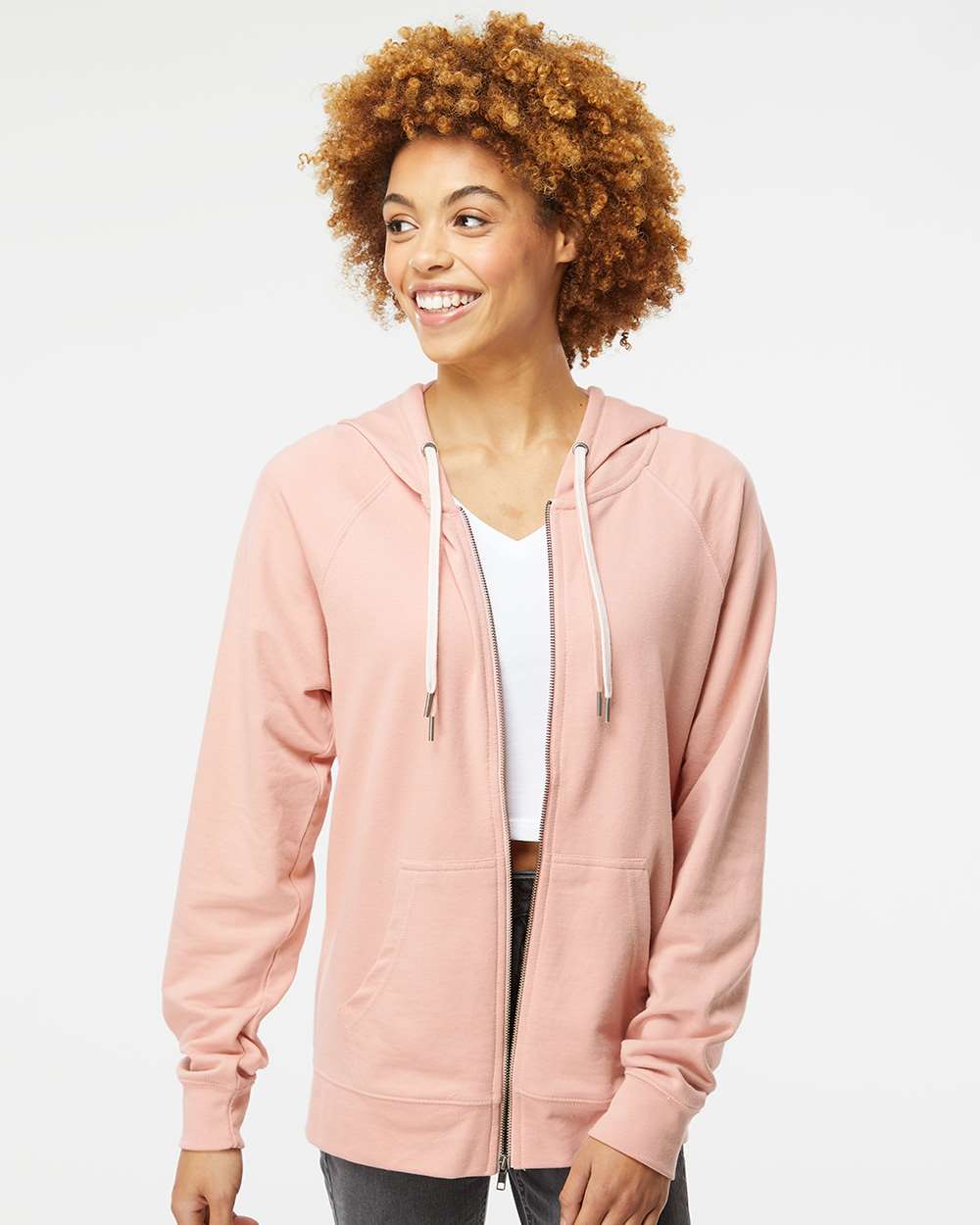 Unisex Icon Lightweight Loopback Terry Full-Zip Hooded Sweatshirt - OnModelFront - B11476307 - Rose