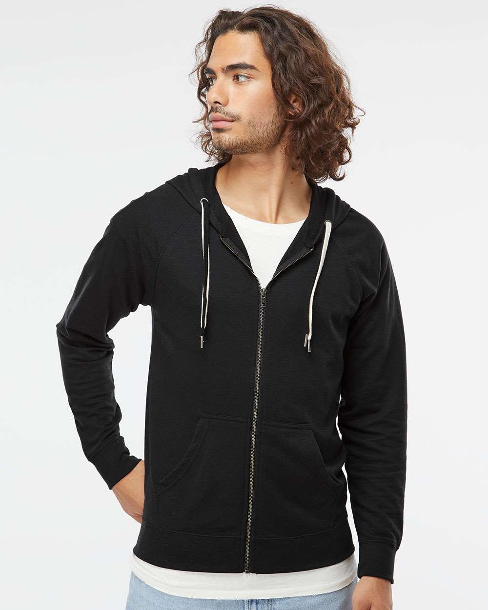 Unisex Icon Lightweight Loopback Terry Full-Zip Hooded Sweatshirt - OnModelFront - B11476502 - Black