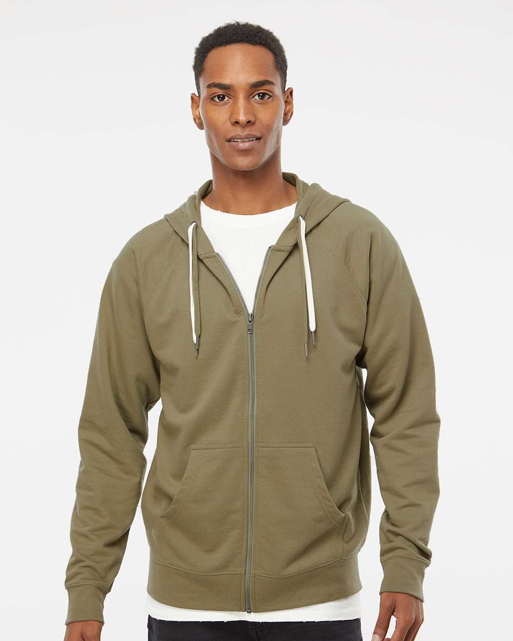 Unisex Icon Lightweight Loopback Terry Full-Zip Hooded Sweatshirt - OnModelFront - B11476642 - Olive